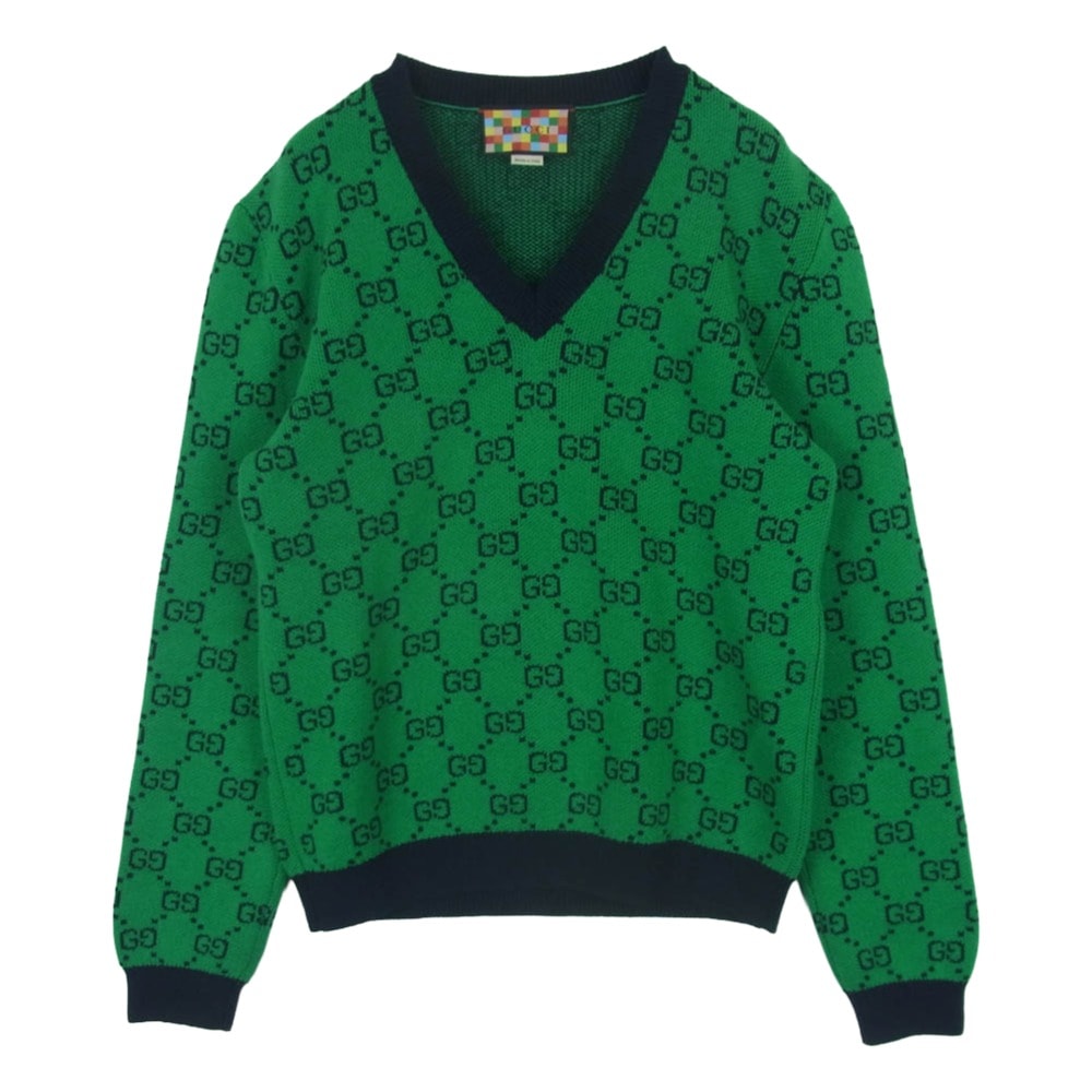 GUCCI グッチ 661155 XKBXI GG総柄 Vネック ニット セーター ウール コットン イタリア製 グリーン系 S【中古】