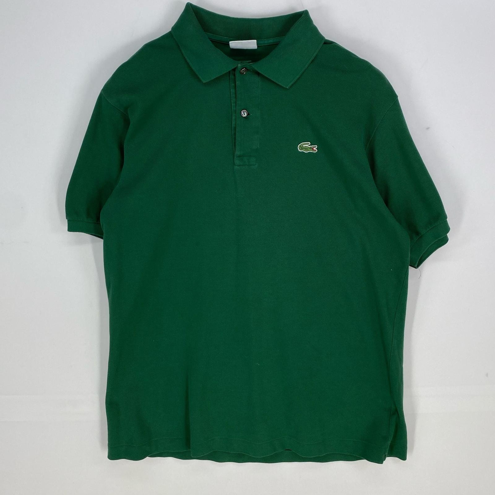古着 ラコステ LACOSTE 鹿の子 半袖シャツ ワンポイントロゴ ハーフボタン ワッペン ポロシャツ 5  グリーン系 メンズ