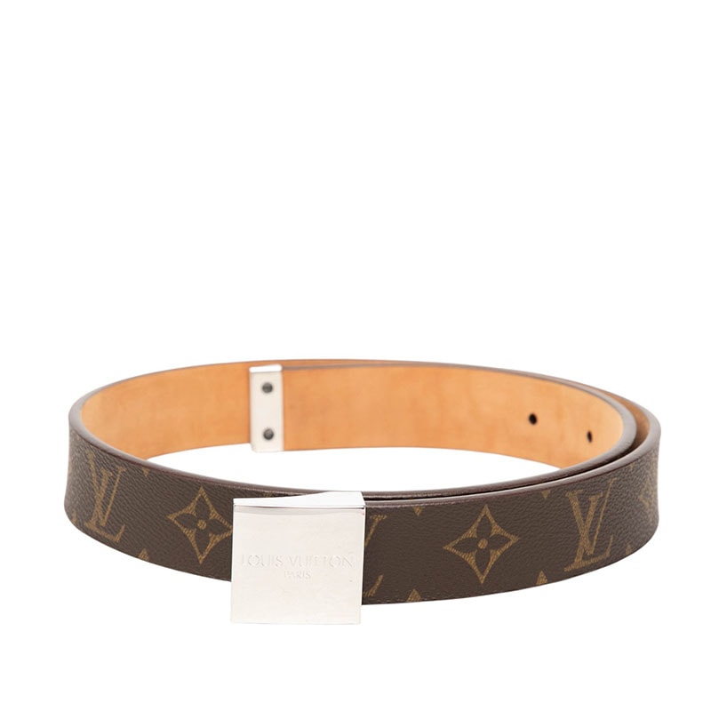 ルイ ヴィトン モノグラム サンチュール キャレ ベルト レザーベルト ロゴバックル M6801 ブラウン PVC レザー メンズ LOUIS VUITTON 中古
