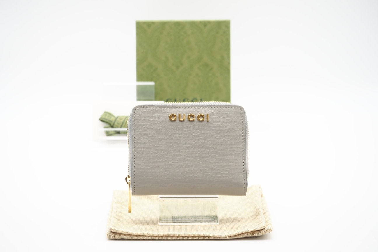 美品 GUCCI グッチ レザー スクリプト ミニ ウォレット 772639 二つ折り財布 グレー パープル レザー レディース