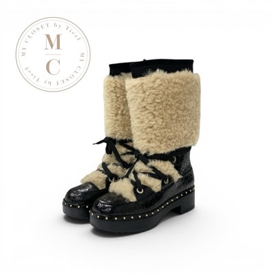 シャネル CHANEL ブーツ ロングブーツ 靴 シューズ ムートン レザー ブラック ベージュ ココマーク シワ加工 ミドルブーツ ボア レースアップ