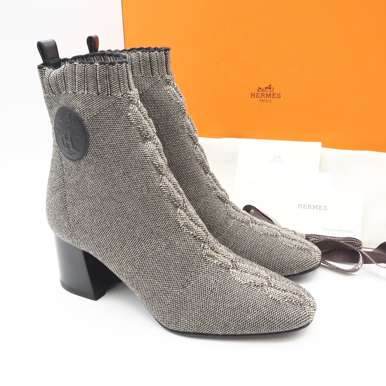 美品 HERMES エルメス ニット ヴォルヴェール ソックスブーツ 6.5 23.5 H221164Z ブーツ グレー ブラック ニット レディース