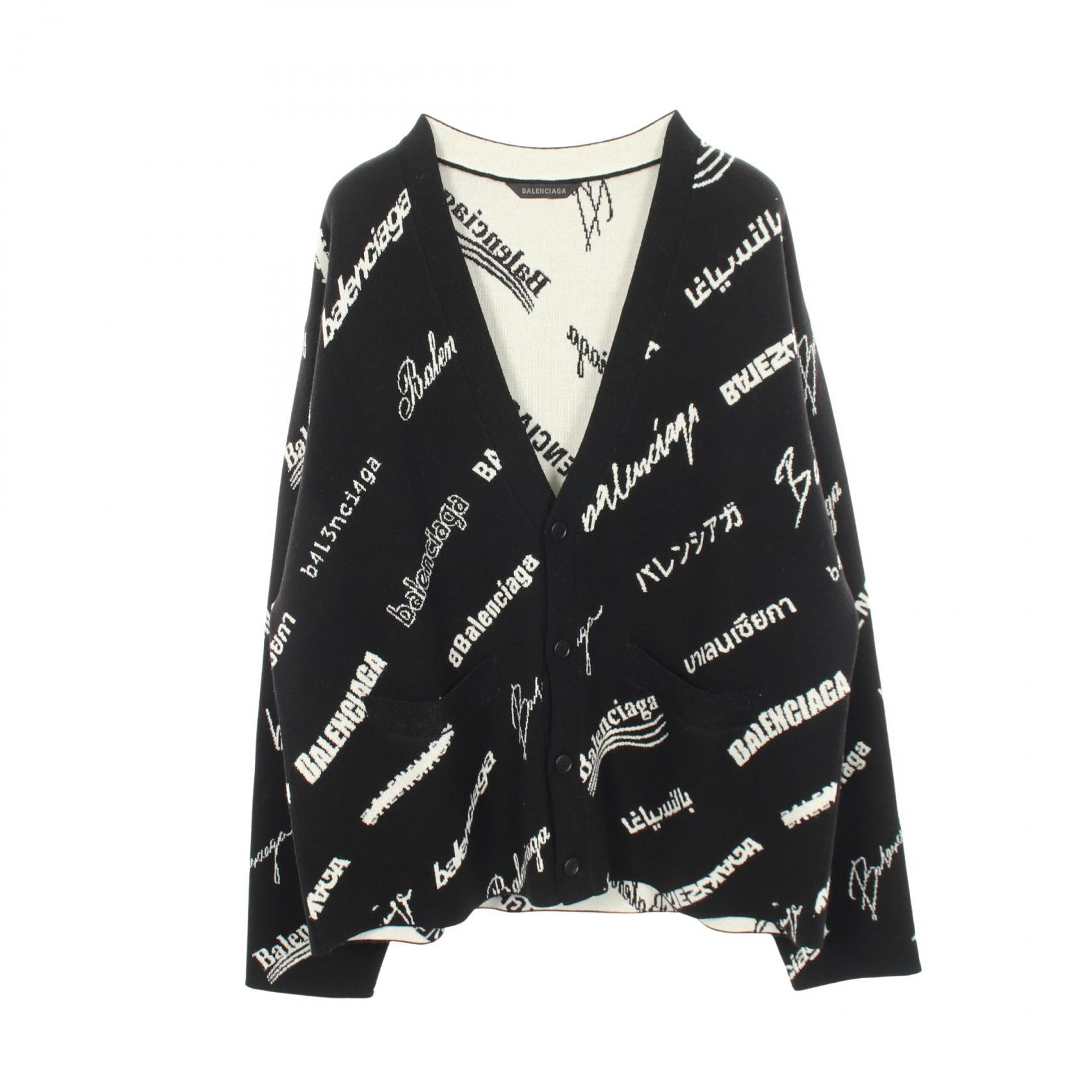 バレンシアガ BALENCIAGA ロゴ 総柄 Vネック ニット カーディガン 衣料品 トップス ウール メンズ レディース ブラック系 / ホワイト系 724852 【中古】