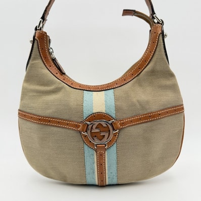 GUCCI(グッチ)Reins Web Hobo Bag ホーボーバッグ ショルダーバッグ ベージュ系 キャンバス レザー インターロッキングG レディース