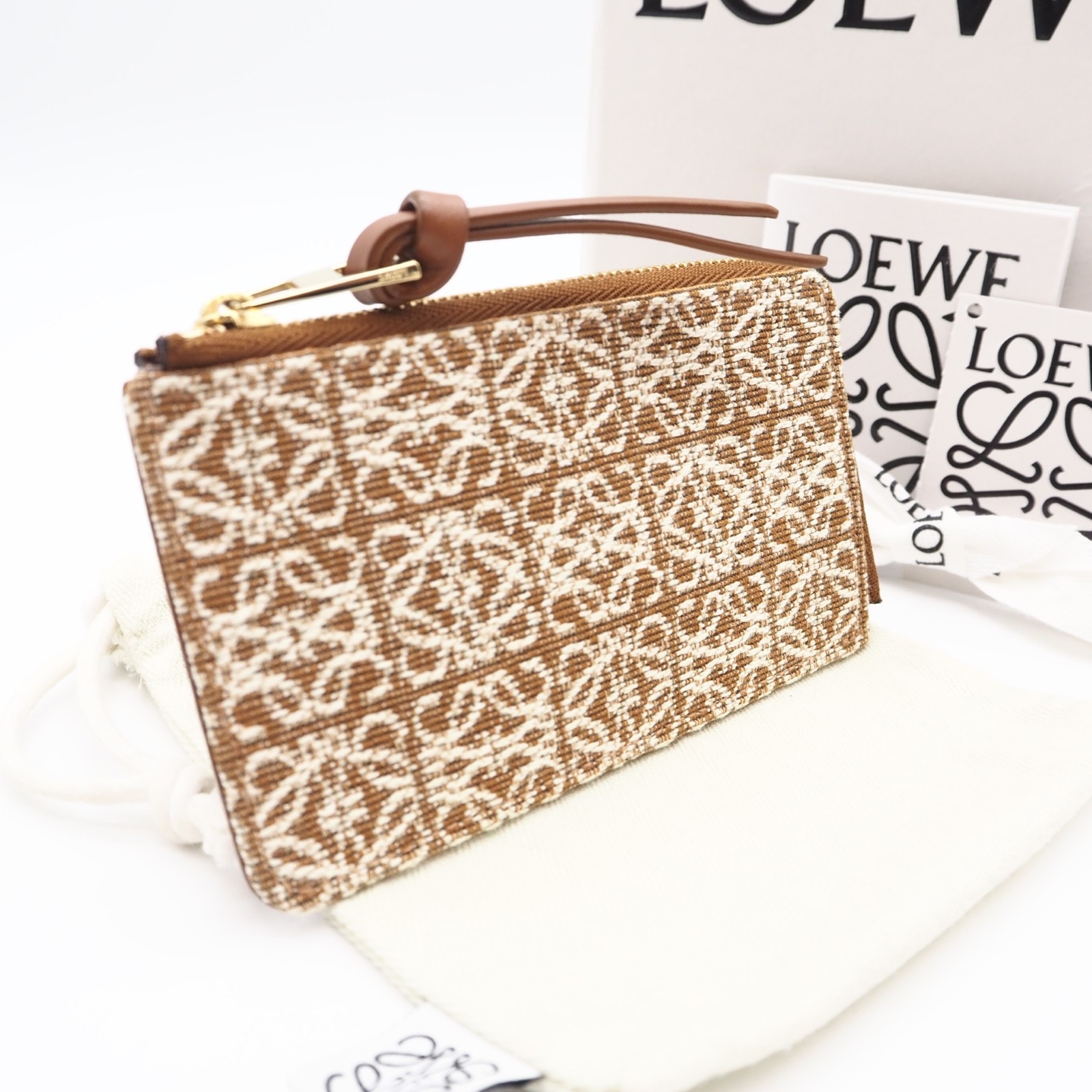 美品 LOEWE ロエベ アナグラム ジャカードキャンバス コインカードホルダー C604Z40X02 2713 コインケース ブラウン クリーム キャンバス カーフレザー レディース