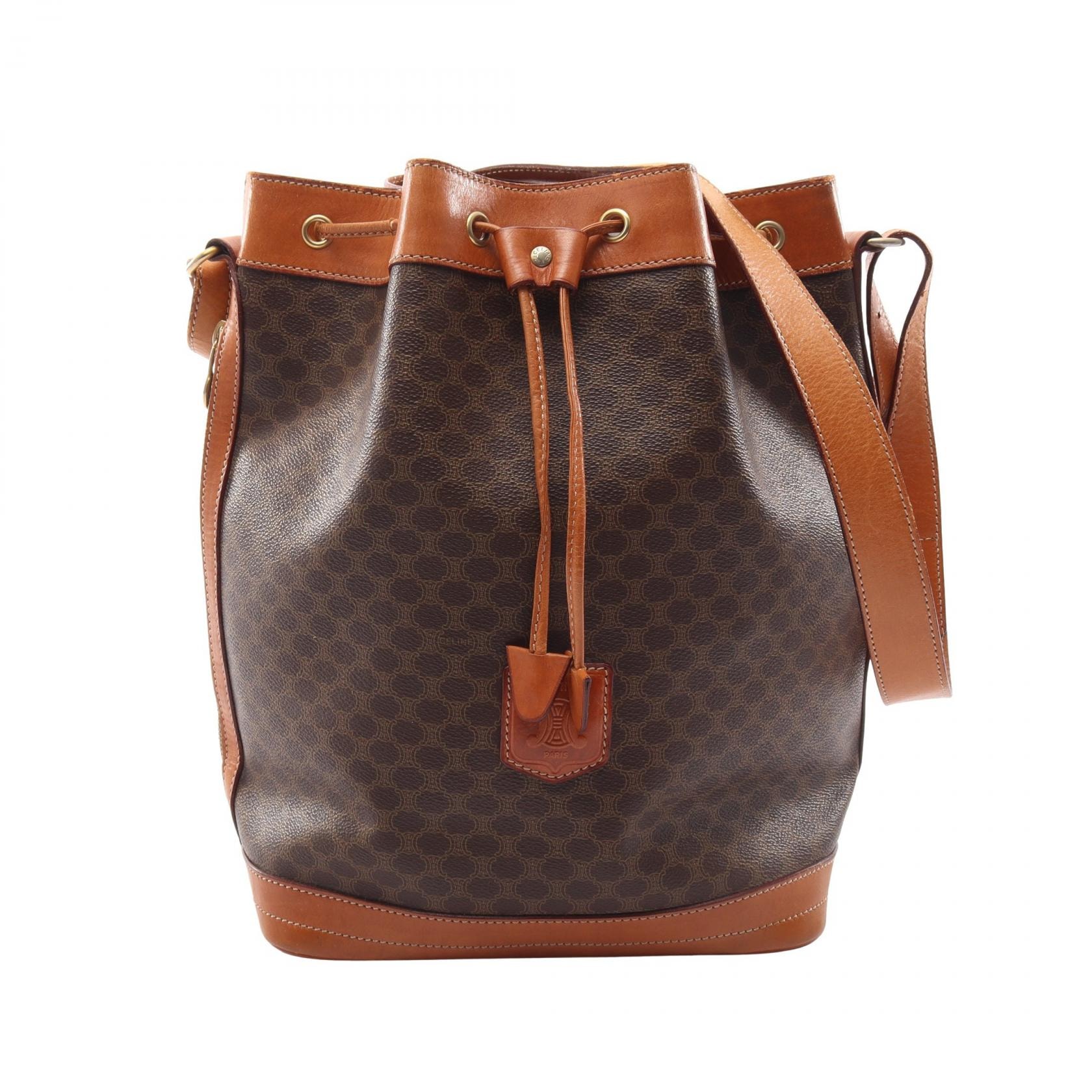 セリーヌ CELINE マカダム 巾着 ショルダーバッグ バッグ PVCコーティングキャンバス レザー レディース ブラウン系 【中古】