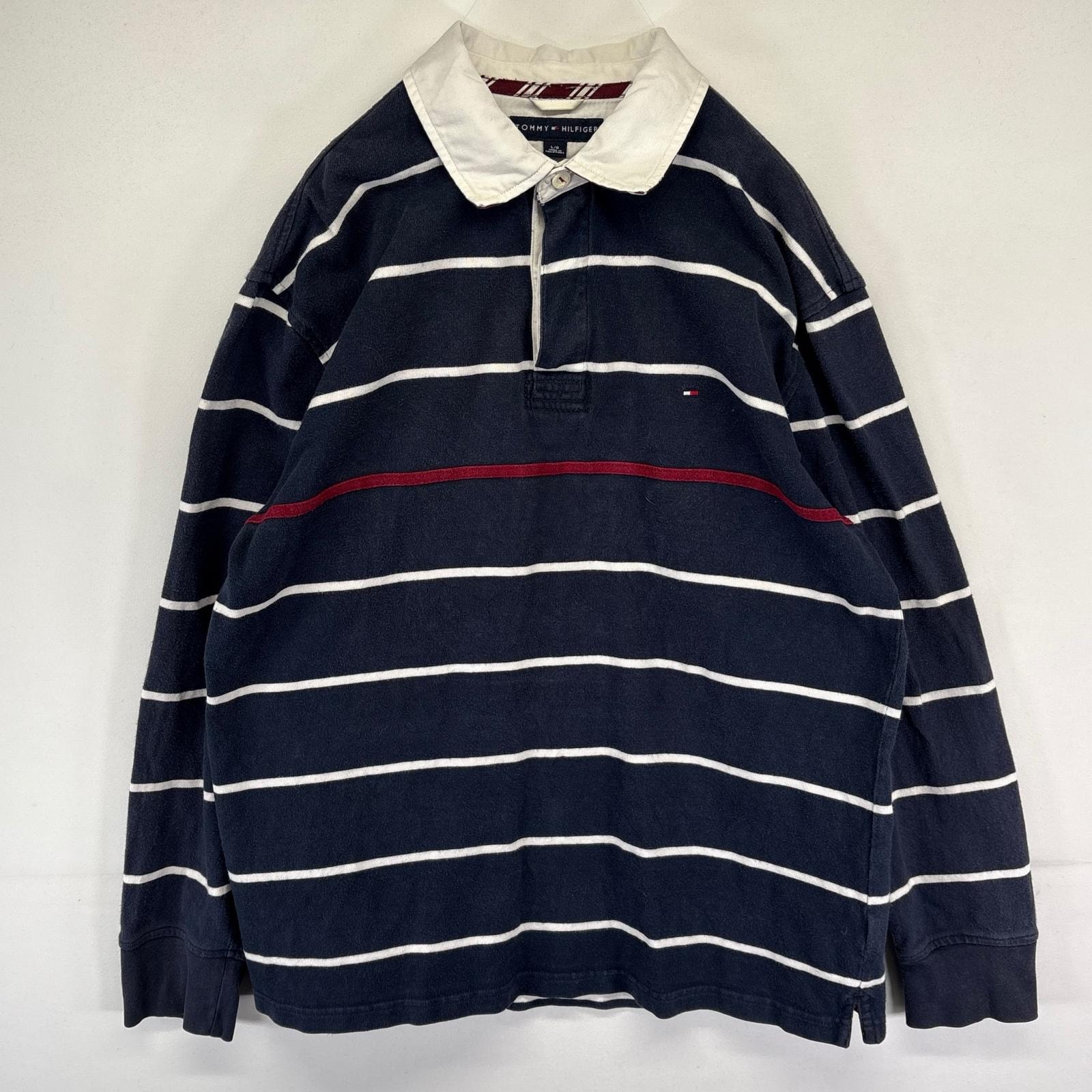 古着 トミーヒルフィガー TOMMY HILFIGER 長袖シャツ ラガーシャツ ワンポイント刺繍ロゴ L  ネイビー系 ボーダー メンズ