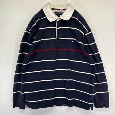 古着 トミーヒルフィガー TOMMY HILFIGER 長袖シャツ ラガーシャツ ワンポイント刺繍ロゴ L ネイビー系 ボーダー メンズ