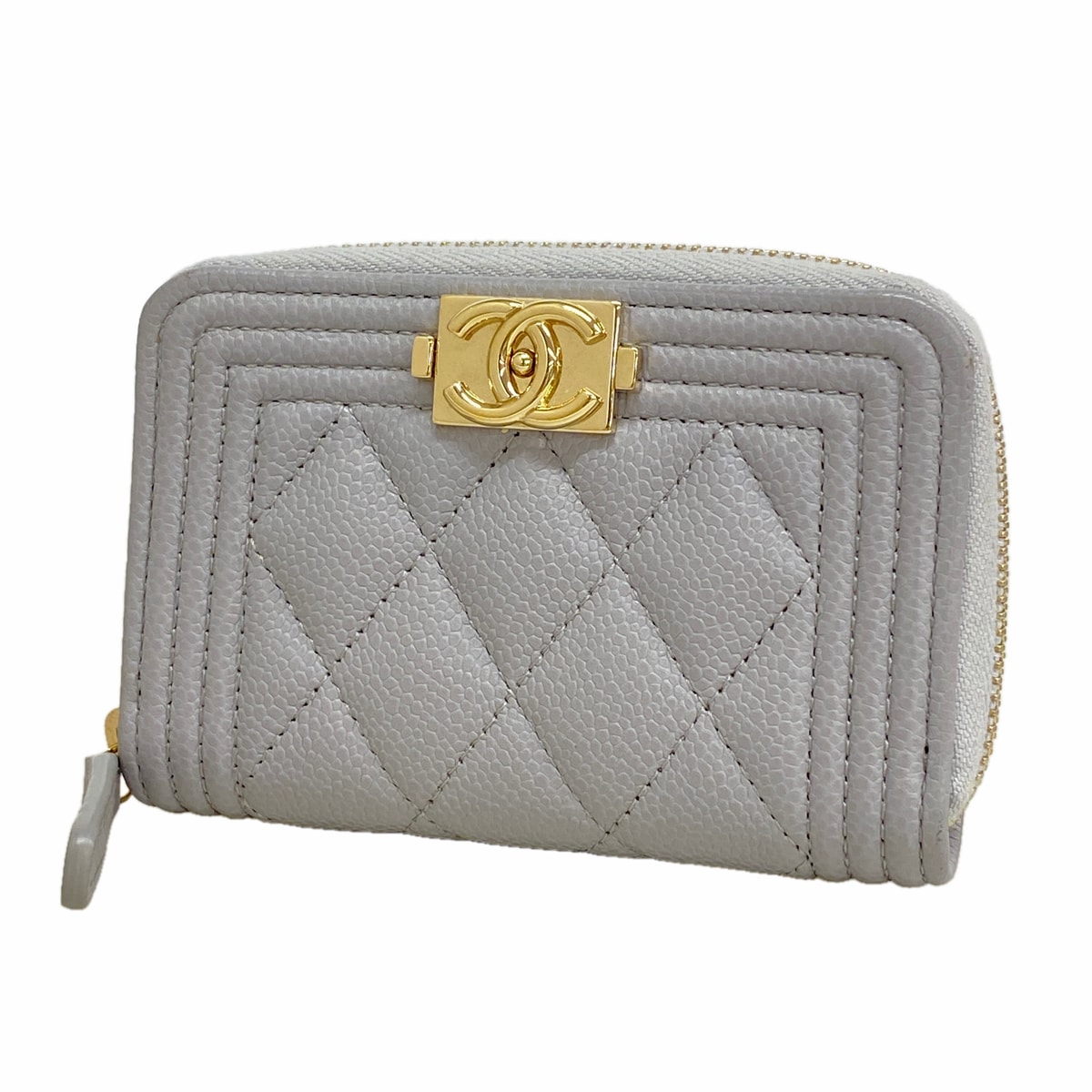 【6ib2485】シャネル コインケース ボーイシャネル キャビアスキン グレー シャンパンゴールド金具【中古】レディース