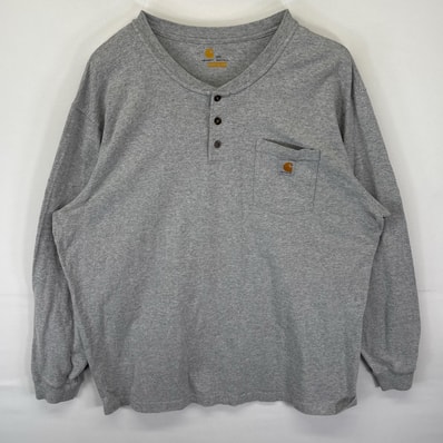 古着 カーハート Carhartt 長袖Tシャツ ロンT ヘンリーネック 大きいサイズ 胸ポケット ワンポイントロゴ 14041 グレー メンズ
