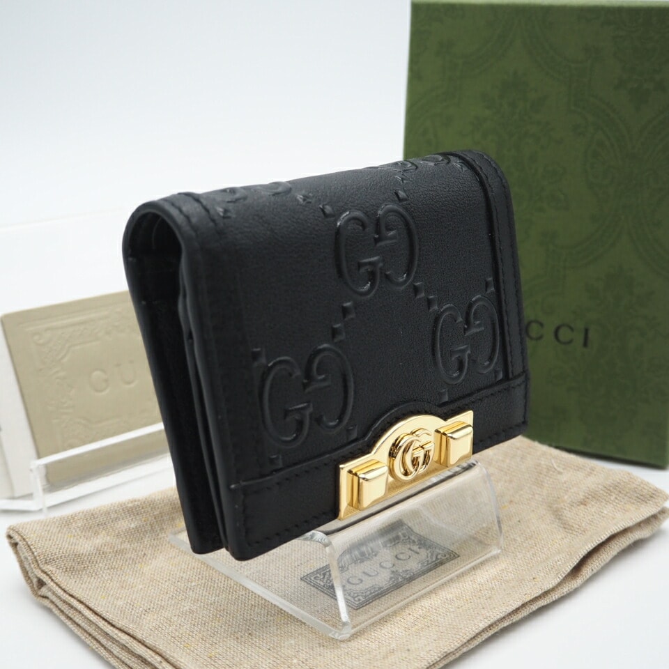 極美品 GUCCI グッチ GGエンボス レザー カードケースウォレット 676150 二つ折り財布 ブラック レザー レディース