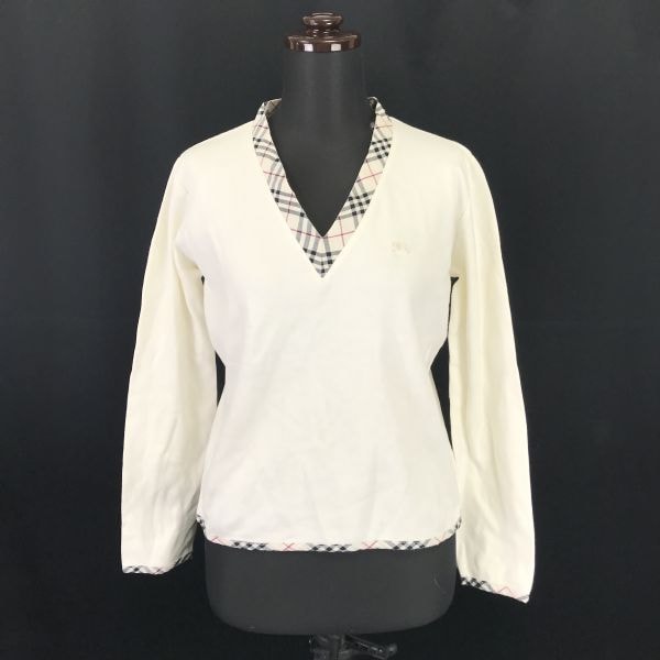 BURBERRY★Vネック/長袖カットソー/薄手セーター【women’s size -M/白/white】Tops/Shirts◆senBH206