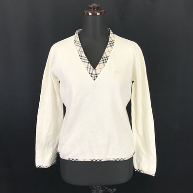 BURBERRY★Vネック/長袖カットソー/薄手セーター【women’s size -M/白/white】Tops/Shirts◆senBH206