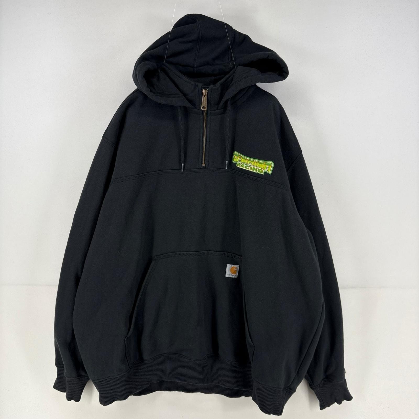 古着 カーハート Carhartt パーカー ハーフジップ レインディフェンダー プルオーバー 刺繍 スウェット 2XL  ブラック メンズ