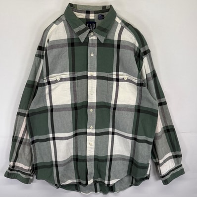 古着 90's/90年代 ギャップ GAP 長袖 ネルシャツ オールドギャップ チェック柄 大きいサイズ 胸ポケット XL グリーン メンズ
