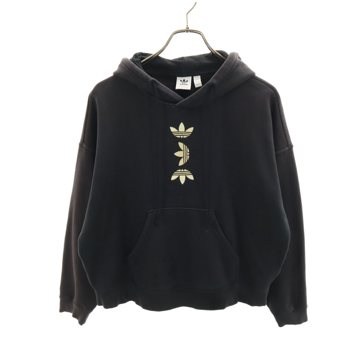 adidas アディダス トレフォイルロゴ刺繍 長袖 スウェットパーカー M ブラック プルオーバー 裏起毛