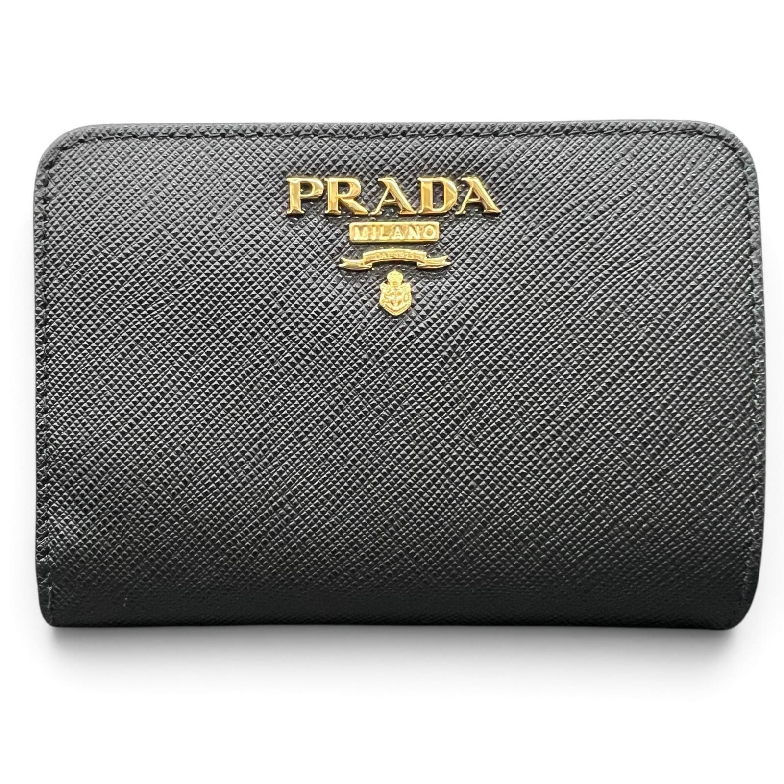 PRADA 未使用品 プラダ SAFFIANO MULTIC サフィアーノ マルチカラー 二つ折り財布 1ML018 ICチップ確認済 レザー ブラック コンパクトウォレット トライアングルロゴ 三角プレート 箱付属 プレゼント Sランク 中古 鑑定済