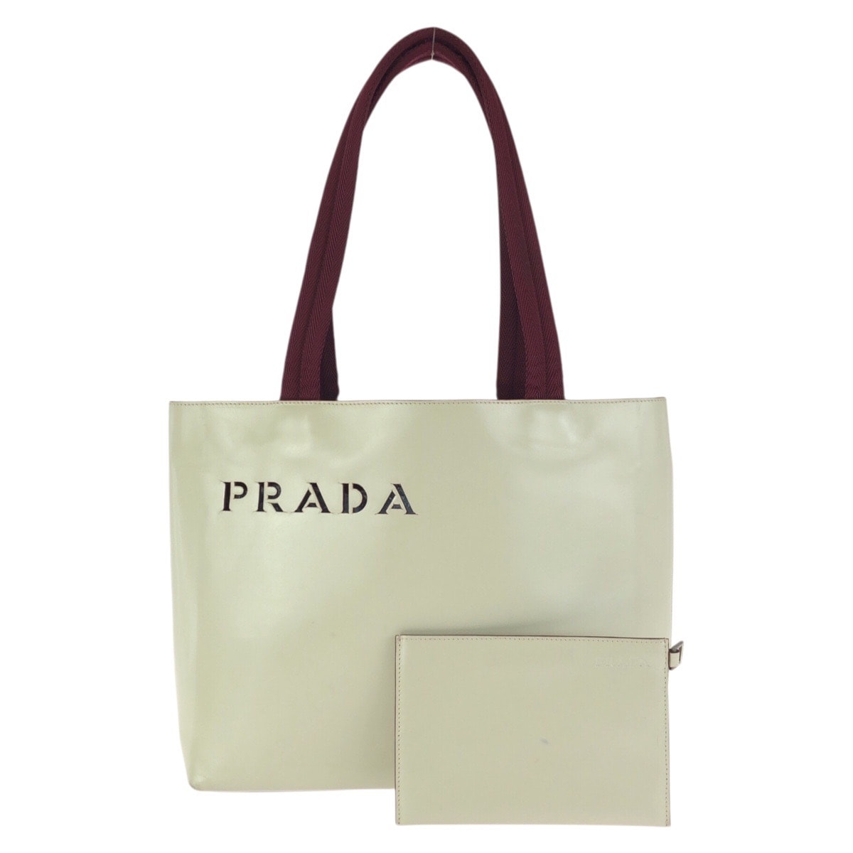 美品 PRADA プラダ パンチングロゴ ライトベージュ アイボリー ボルドー レザー ショルダーバッグ トートバッグ 602278 【中古】
