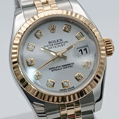 ROLEX ロレックス デイトジャスト 10P ダイヤモンド 26mm ランダム SS/K18YG 腕時計 179173G ステンレススチール K18イエローゴールド ホワイト レディース【中古】