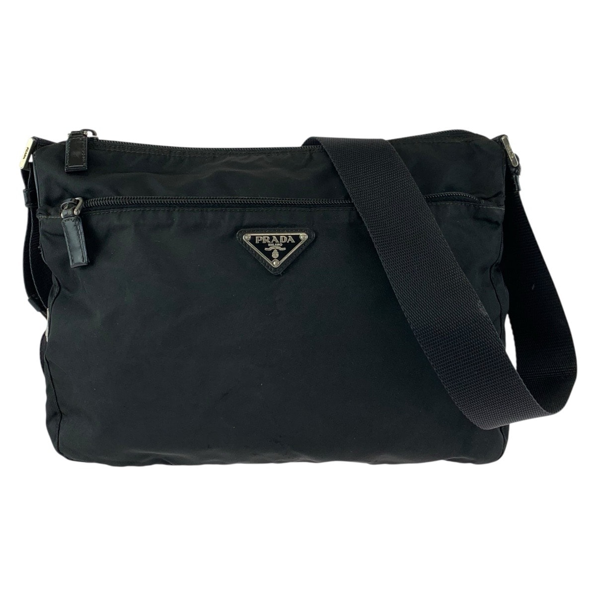 PRADA プラダ テスート 三角ロゴプレート ブラック 黒 シルバー金具 ナイロン レザー/ ショルダーバッグ ポシェット 600995 【中古】