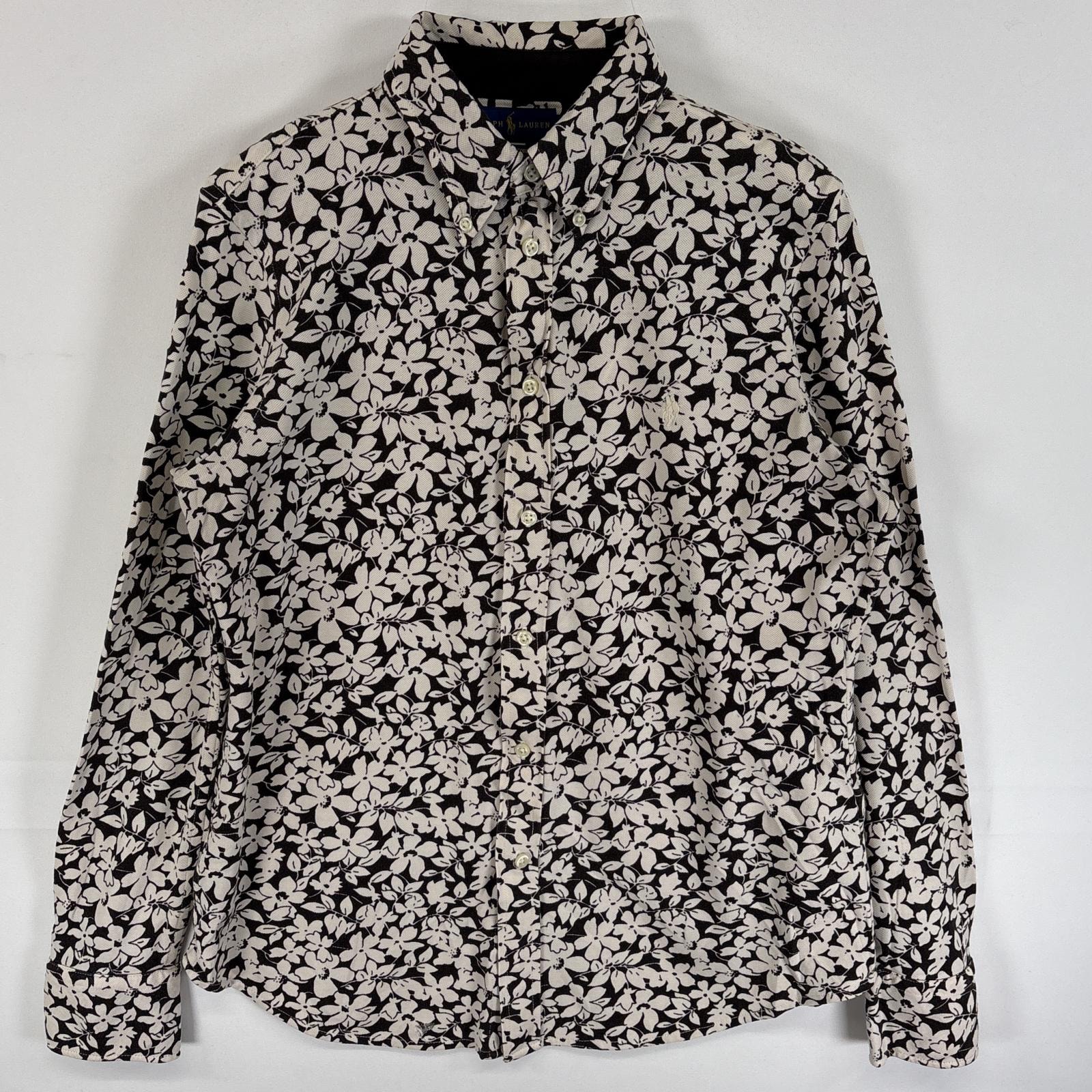 古着 ラルフローレン RALPH LAUREN 長袖シャツ 花柄 ボタンダウンシャツ ワンポイント ロゴ 刺繍 L  ブラック系 総柄 レディース