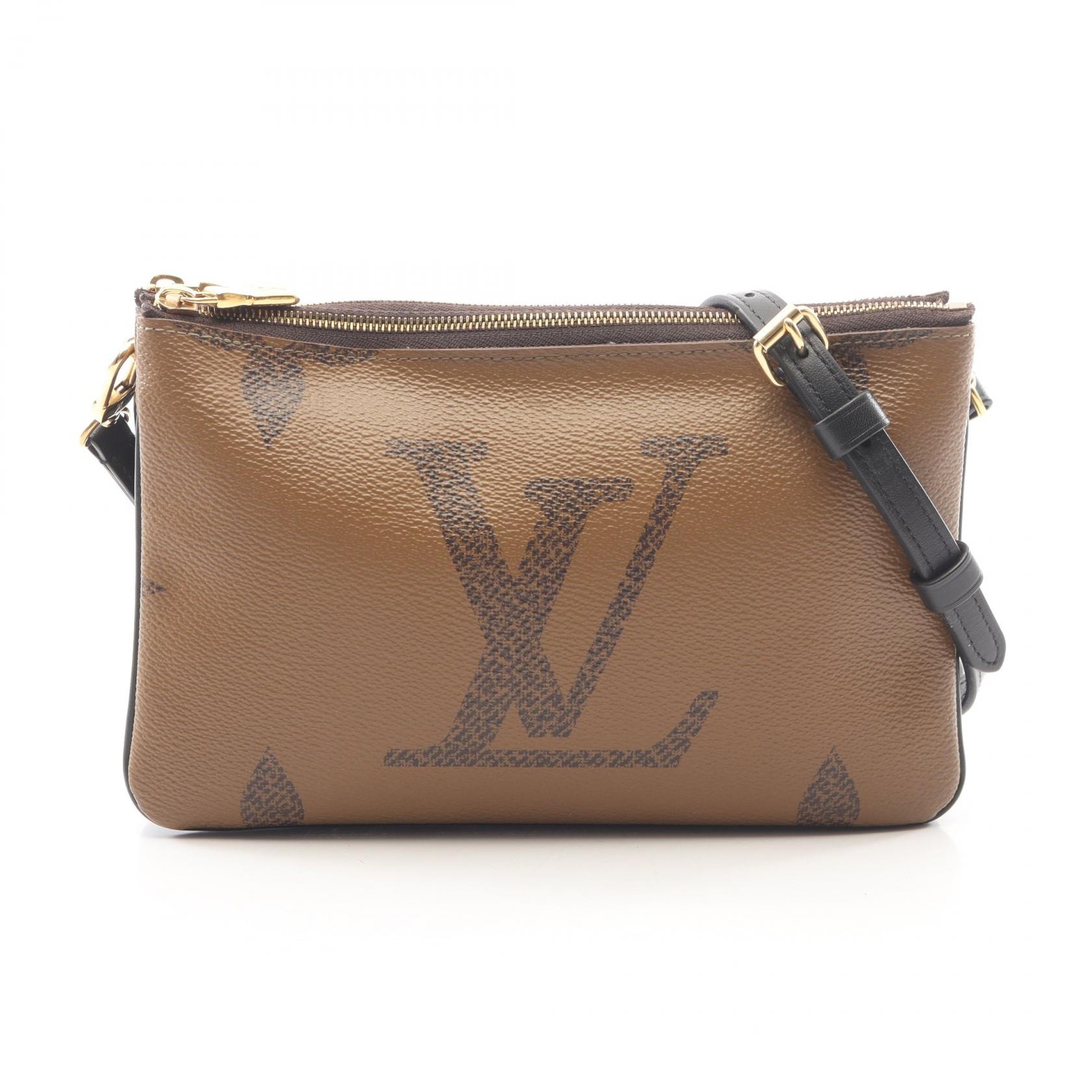 ルイ・ヴィトン LOUIS VUITTON ポシェット ドゥーブル ジップ モノグラムジャイアント リバース ショルダーバッグ バッグ PVCコーティングキャンバス レザー ベージュ レディース ブラウン系 / ベージュ系