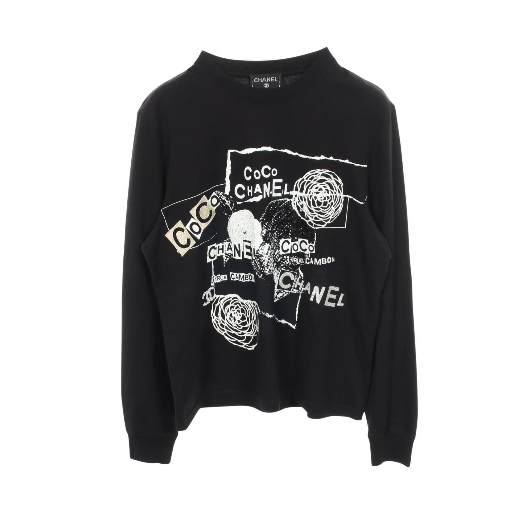 シャネル CHANEL ココマーク カメリア スパンコール 長袖Tシャツ 衣料品 トップス コットン レディース ブラック系 P63300K48961 【中古】