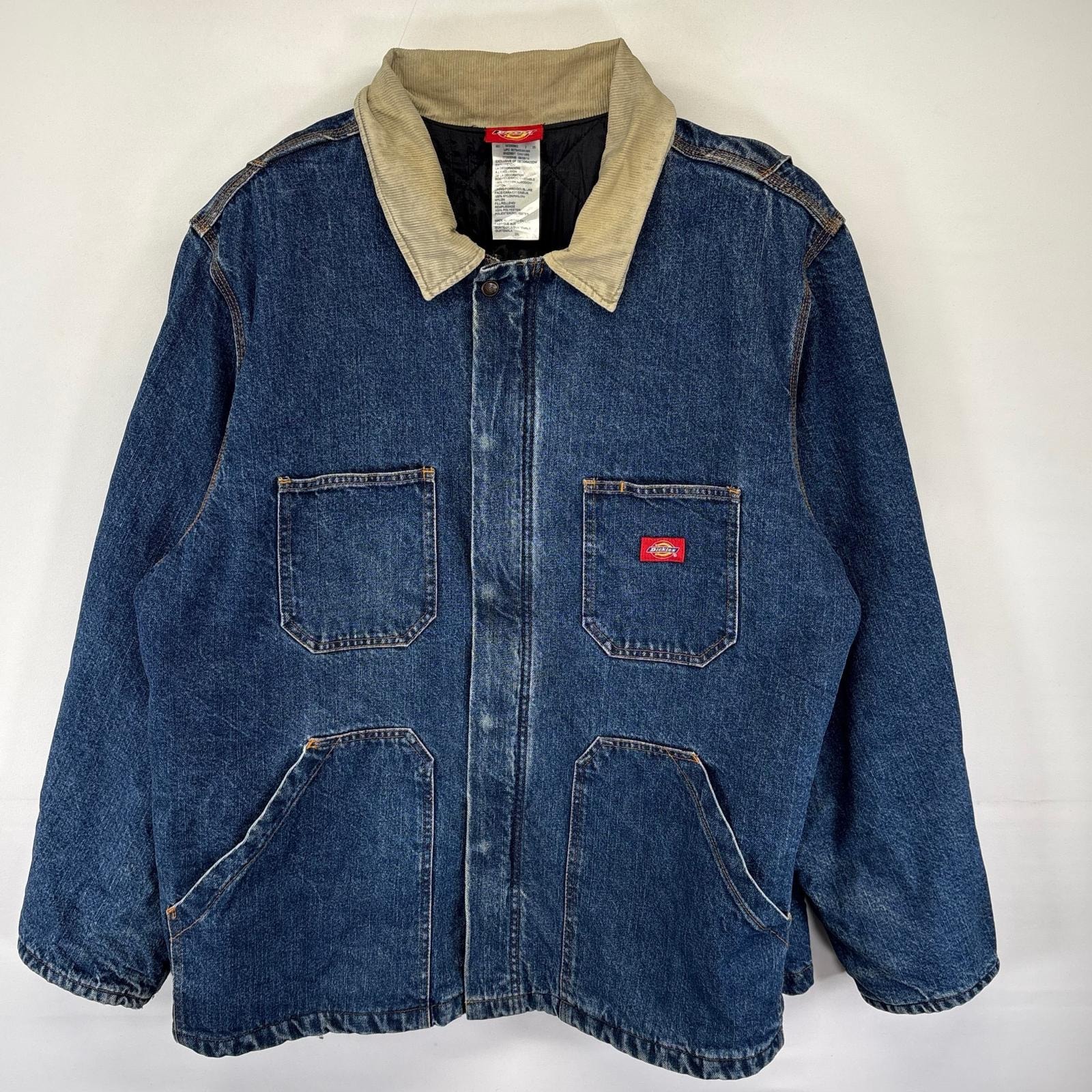 古着 ディッキーズ Dickies デニム ジャケット デニム 中綿 カバーオール フルジップ ワンポイントロゴ 2XL  ブルー系 メンズ