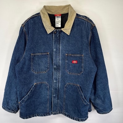 古着 ディッキーズ Dickies デニム ジャケット デニム 中綿 カバーオール フルジップ ワンポイントロゴ 2XL ブルー系 メンズ