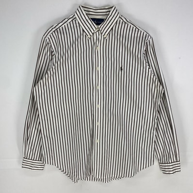 古着 ラルフローレン RALPH LAUREN 長袖シャツ ボタンダウン 刺繍ロゴ ロングスリーブ L ホワイト系 ストライプ メンズ