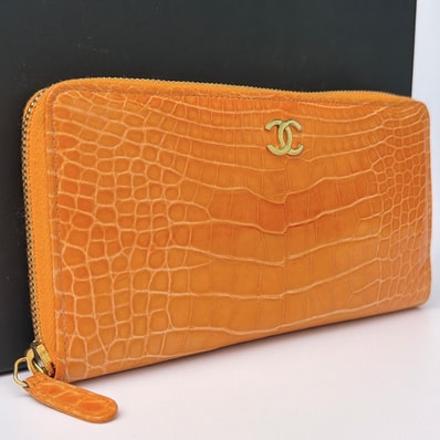 CHANEL シャネル ココマーク ラウンドファスナー 長財布 ロングウォレット クロコダイル ワニ革 オレンジ レディース