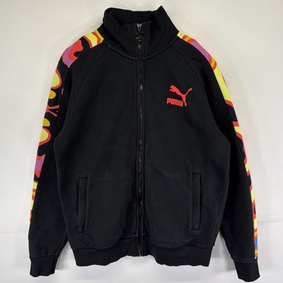 古着 プーマ PUMA スウェット トレーナー フルジップ ワンポイントプリントロゴ 袖柄 M ブラック メンズ