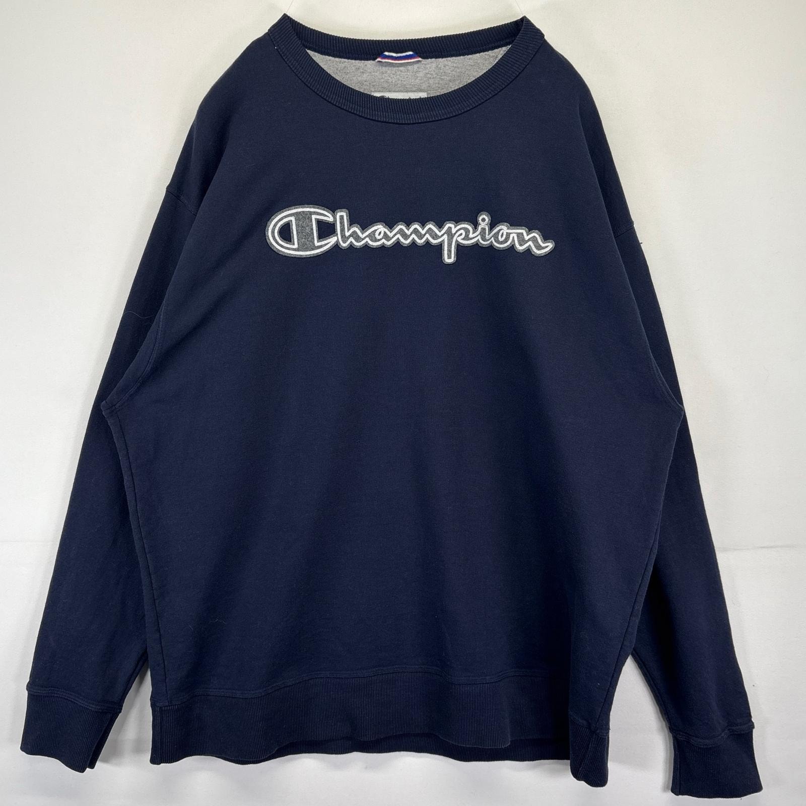 古着 チャンピオン Champion スウェット ビッグロゴ 刺繍 クルーネック トレーナー 14041  ネイビー メンズ