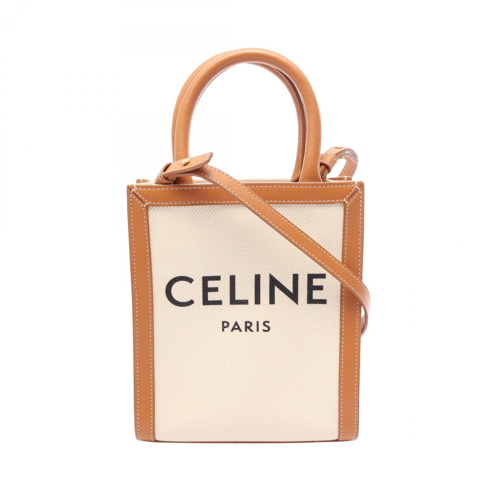セリーヌ CELINE ミニ バーティカルカバ 2WAY ハンドバッグ バッグ キャンバス レザー レディース アイボリー系 / ブラウン系 193302 【中古】