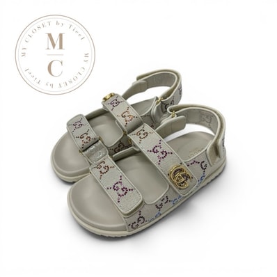 グッチ GUCCI ダブルG サンダル 靴 シューズ ファブリック レザー アイボリー マルチカラー ゴールド GGマーモント ラインストーン