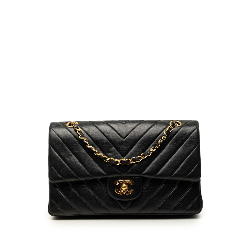 シャネル シェブロン Vステッチ ココマーク Wフラップ チェーン ショルダーバッグ ブラック ラムスキン レディース CHANEL 中古