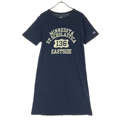Champion チャンピオン コットン ロゴプリント ワンポイントロゴ 半袖 Tシャツ 膝丈ワンピース M ネイビー系
