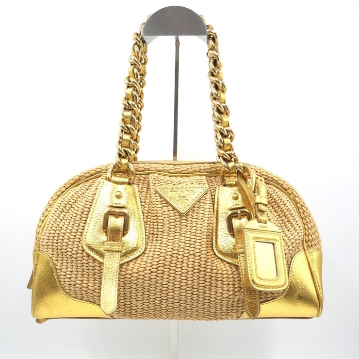 PRADA(プラダ)ラフィア チェーンハンドバッグ ヴィンテージ ゴールド レザー ラフィア レディース 南京錠付き 【中古】