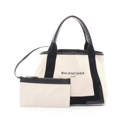 バレンシアガ BALENCIAGA NAVY CABAS S ネイビーカバ トートバッグ バッグ キャンバス レザー レディース アイボリー系 / ブラック系 339933 【中古】