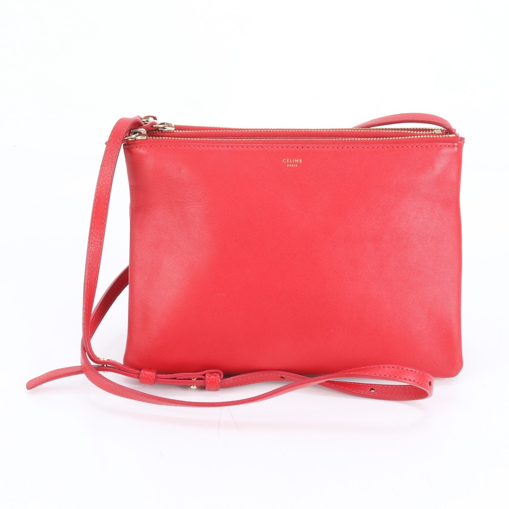 ■極美品 セリーヌトリオ クロスボディ レッドショルダーバッグ レザー