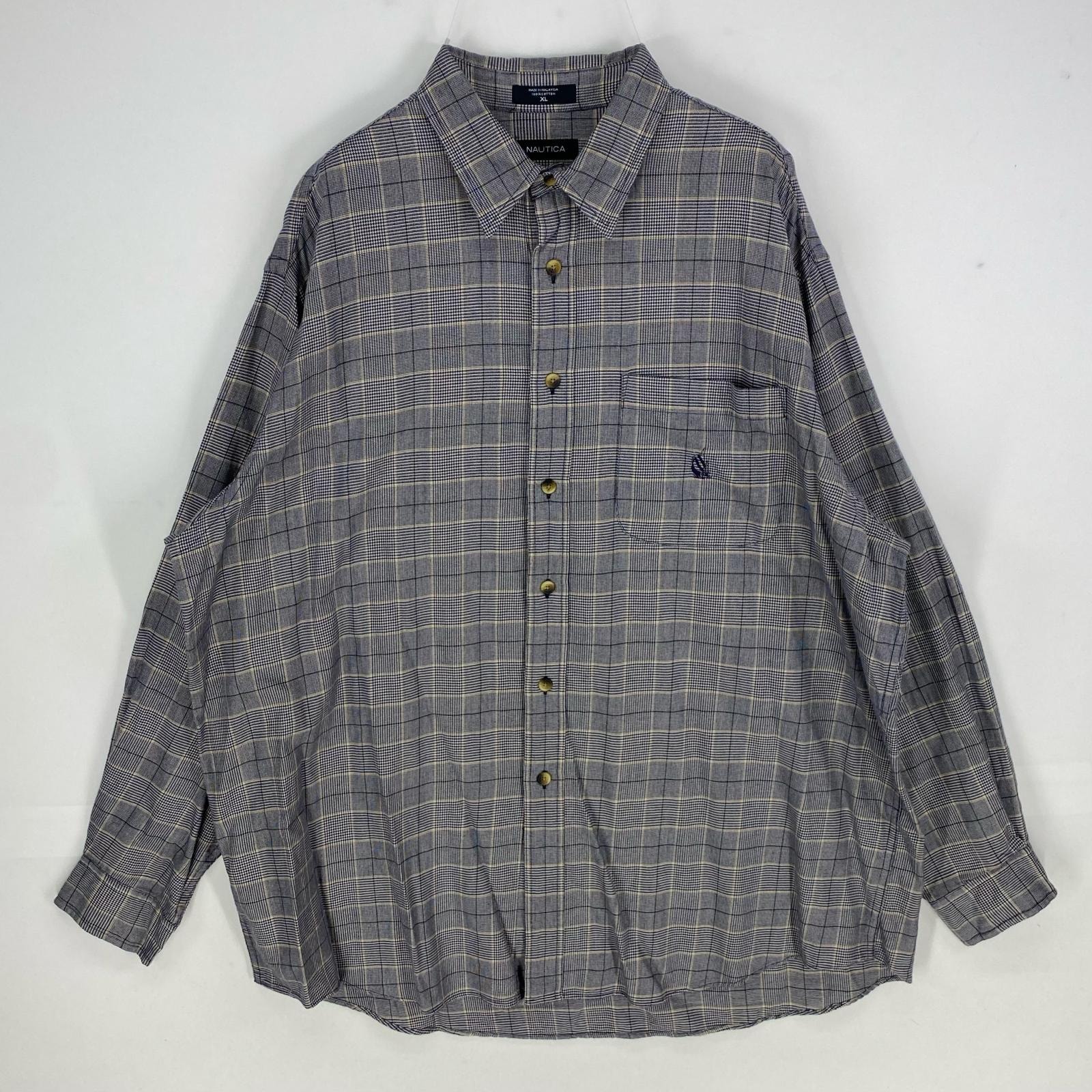 古着 ノーティカ NAUTICA 長袖シャツ ワンポイント刺繍 ロングスリーブ 大きいサイズ XL  ブラック系 チェック メンズ