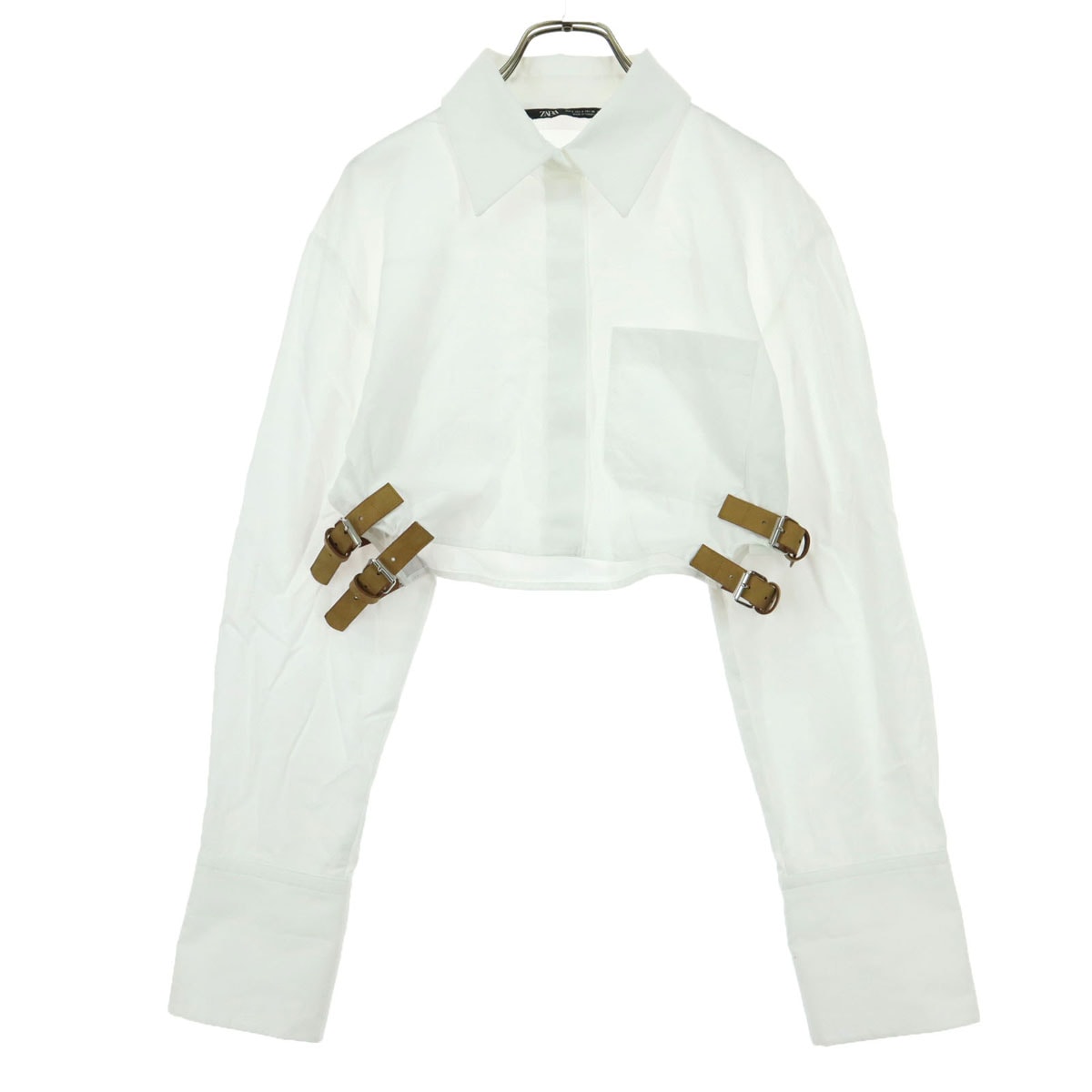 ZARA ザラ 長袖 ショート丈 シャツ S ホワイト ベルト飾り