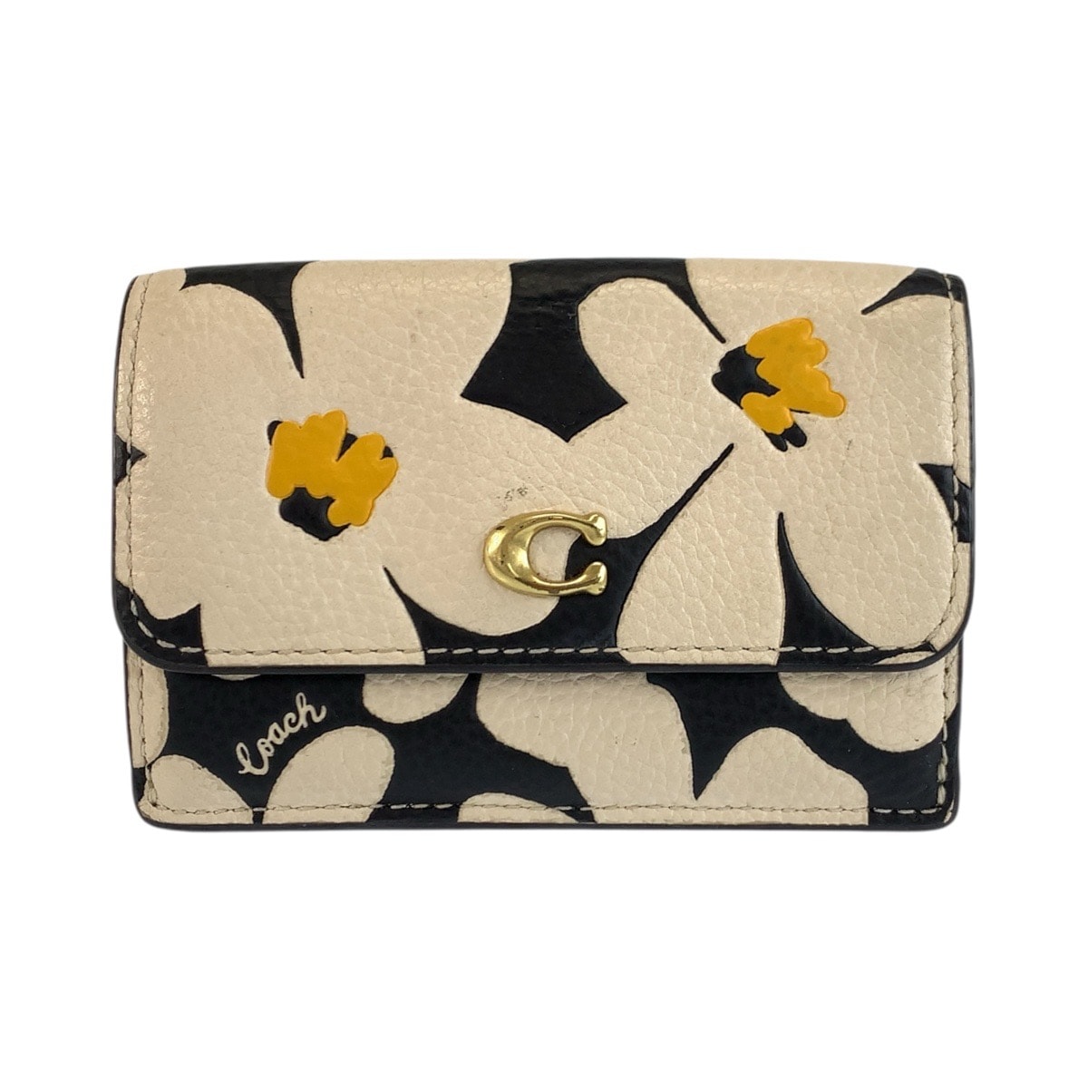 美品 COACH コーチ フローラル プリント エッセンシャル ミニ トライフォールド ウォレット ブラック ホワイト ゴールド金具 レザー 折り財布 コンパクトウォレット 601992 【中古】