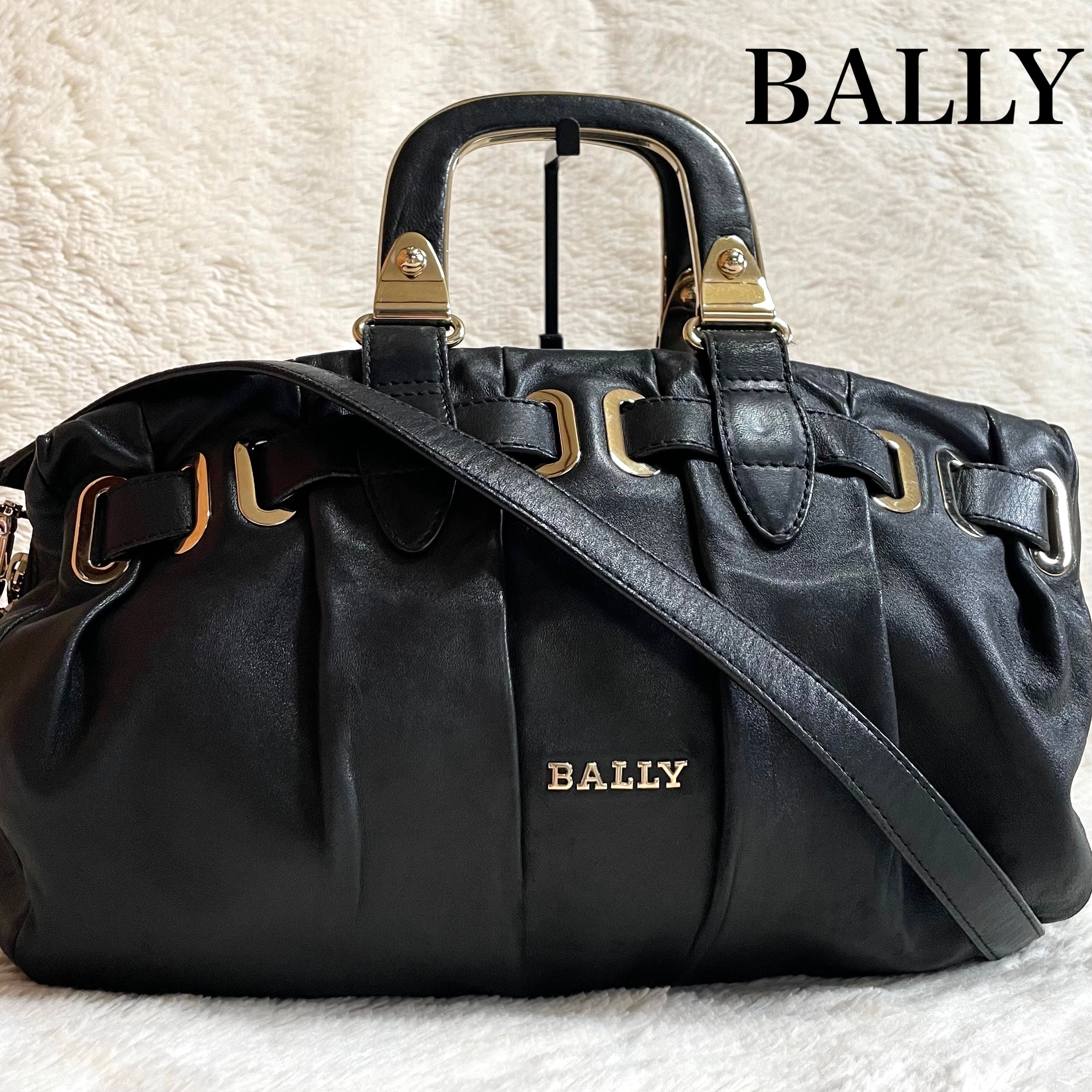 美品 BALLY バリー オールレザー ゴールド金具 バルーン トートバッグ 黒