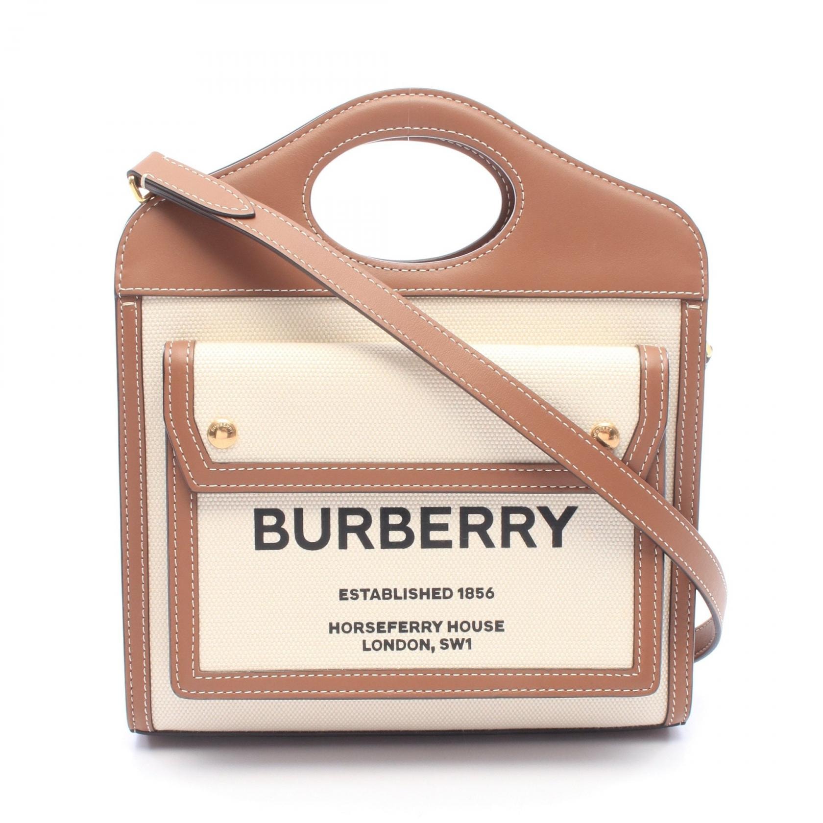 バーバリー BURBERRY ミニポケットバッグ 2WAY ハンドバッグ バッグ キャンバス レザー レディース アイボリー系 / ブラウン系 8031746 【中古】