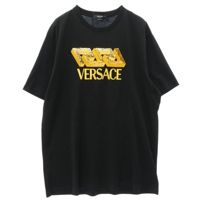 VERSACE ヴェルサーチ Tシャツ スパンコール ロゴ刺繍 半袖 Tシャツ カットソー ブラック系 ゴールド系 3XL【美品】【中古】