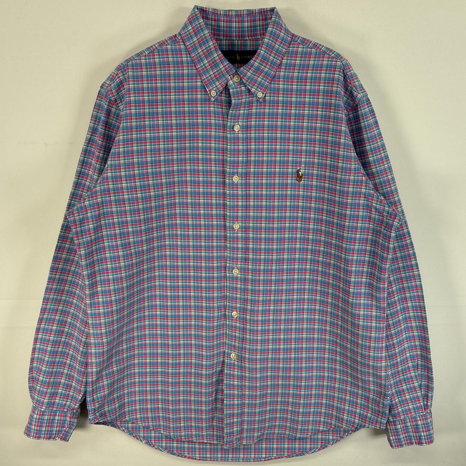 古着 ラルフローレン RALPH LAUREN 長袖シャツ チェック ワンポイント ロゴ 刺繍 ボタンダウンシャツ L  水色系 マルチカラー メンズ