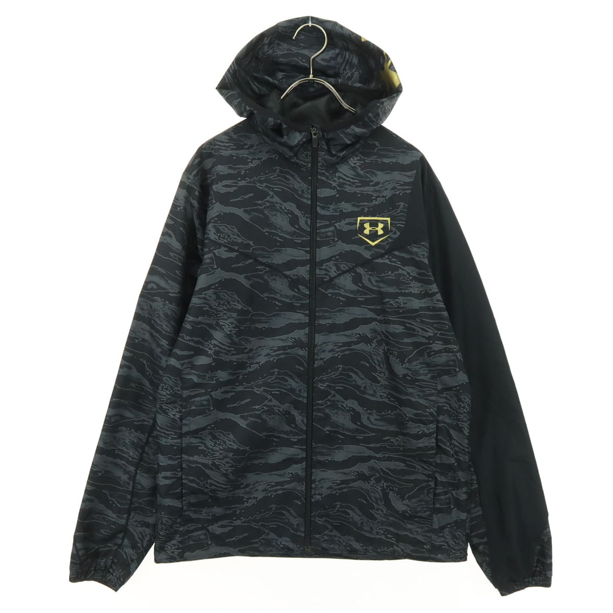 美品 UNDER ARMOUR アンダーアーマー 総柄 長袖 ナイロンジャケット MD グレー系 フーディー