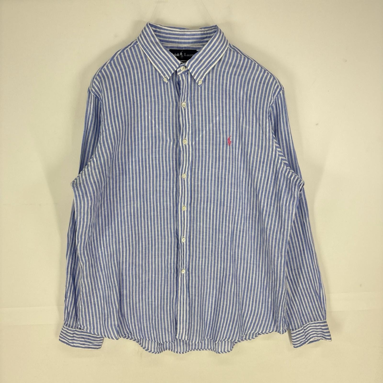 古着 ラルフローレン RALPH LAUREN 長袖シャツ ボタンダウン 刺繍ロゴ リネンシャツ XL  ブルー系 ストライプ メンズ