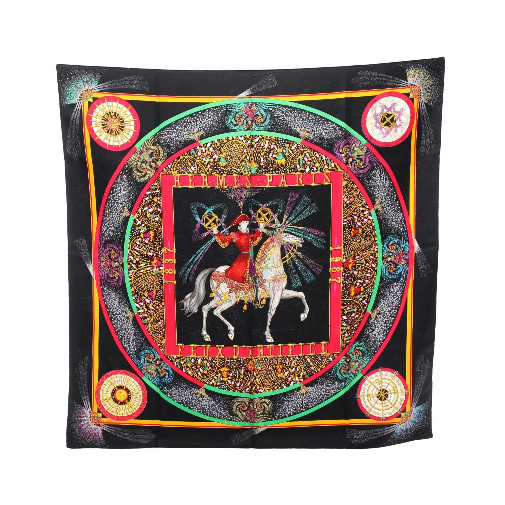 エルメス HERMES カレ90 FEUX D’ARTIFICE スカーフ 衣料品 シルク シルク レディース ブラック系 / マルチカラー 【中古】